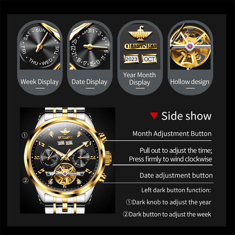 OUPINKE Men Skeleton Watch Automatic Mechanical Luxury Dress Waterproof Tourbillion Sapphire Crystal Wrist Watches for Men