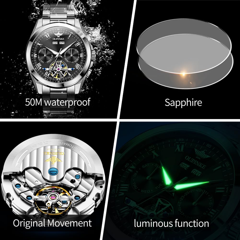 OUPINKE Men Skeleton Watch Automatic Mechanical Luxury Dress Waterproof Tourbillion Sapphire Crystal Wrist Watches for Men