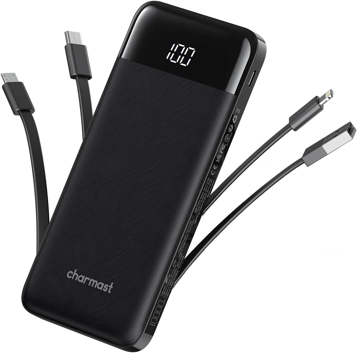charmast Portable Charger with Built in Cables, Power Bank with Cords Wires, Slim 10000mAh Travel Battery Pack 6 Outputs 3 Inputs 6A Fast Charging for Samsung Google Pixel LG Moto iPhone iPad