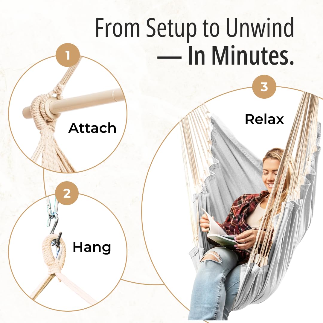 Hanging Hammock Chair Swing – Hanging Chair Outdoor & Indoor - Hammock Swing Chair – Quick & Easy Setup with Hardware Kit – Durable & Spacious Full Body Support – Holds 440 Lbs