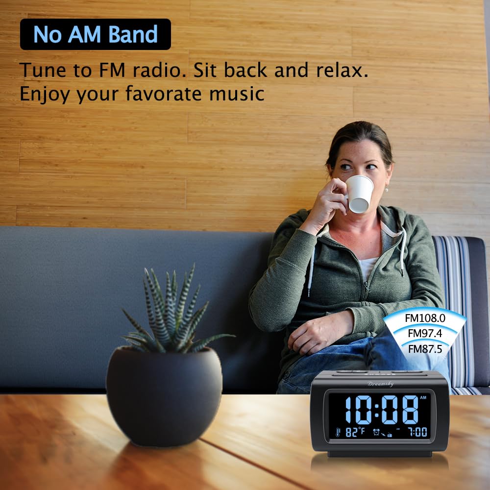 DreamSky Alarm Clock Radios for Bedrooms with Battery Backup, Large Big Numbers with Dimmer Wheel, USB Port, Bedside Digital FM Radio with Sleep Timer, Temperature, Adjustable Volume, Snooze