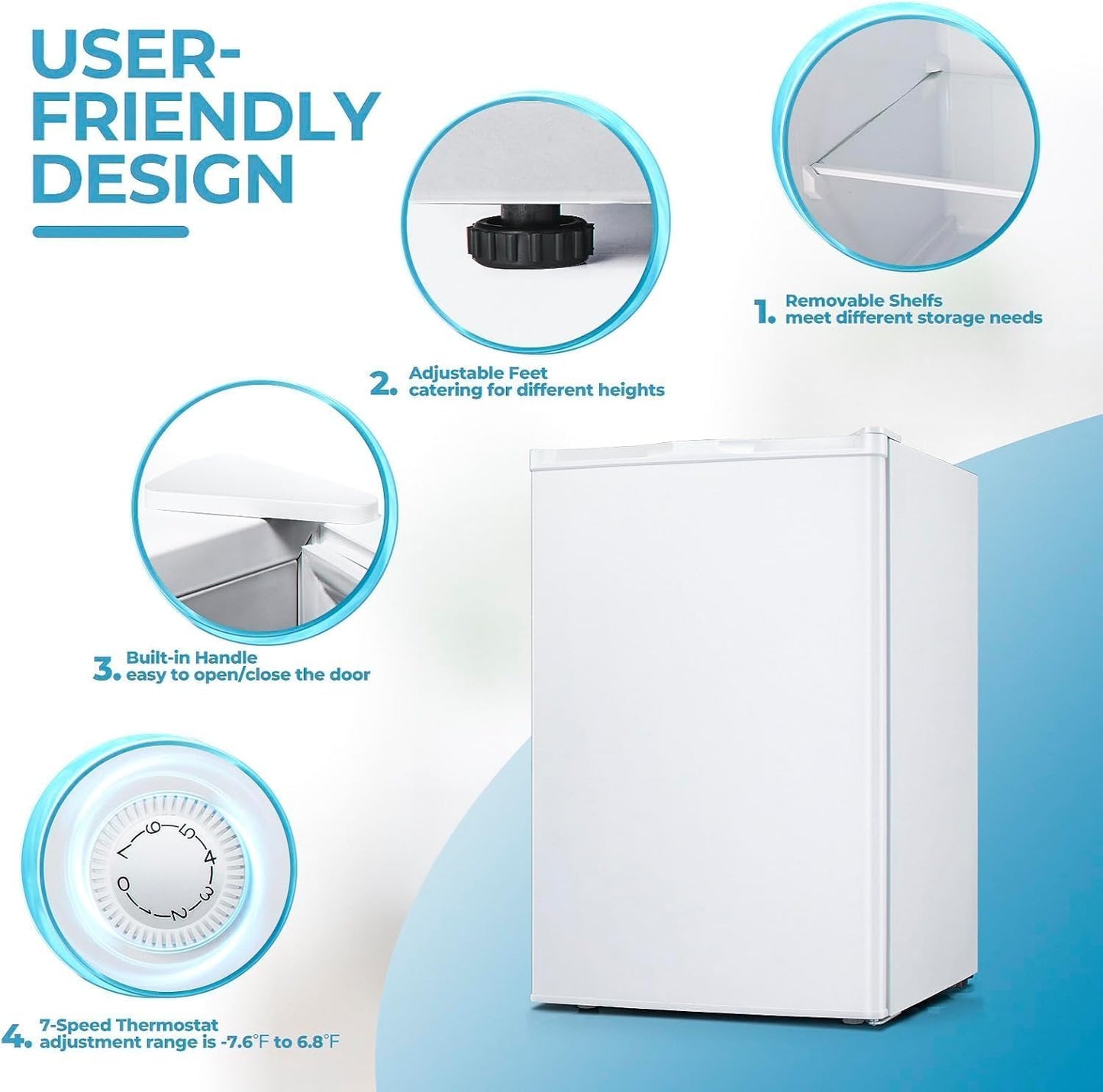 1.1 Cu.ft Upright Freezer, Small Mini Freezer with Adjustable Thermostat, Removable Shelves, Reversible Single Door, for Bedroom/Home/Dorms/Apartment, Silver