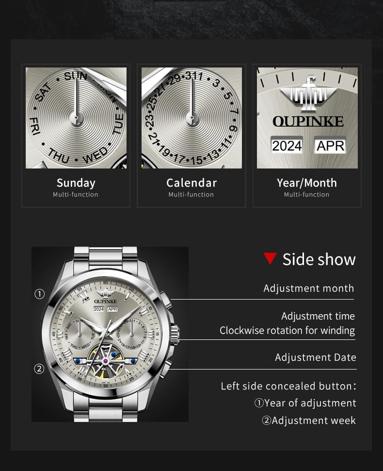 OUPINKE Men Skeleton Watch Automatic Mechanical Luxury Dress Waterproof Tourbillion Sapphire Crystal Wrist Watches for Men