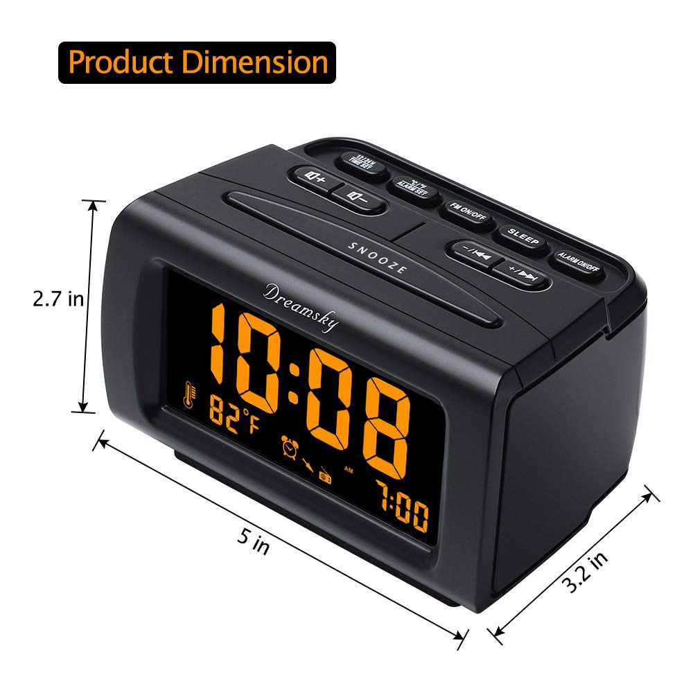 DreamSky Alarm Clock Radios for Bedrooms with Battery Backup, Large Big Numbers with Dimmer Wheel, USB Port, Bedside Digital FM Radio with Sleep Timer, Temperature, Adjustable Volume, Snooze