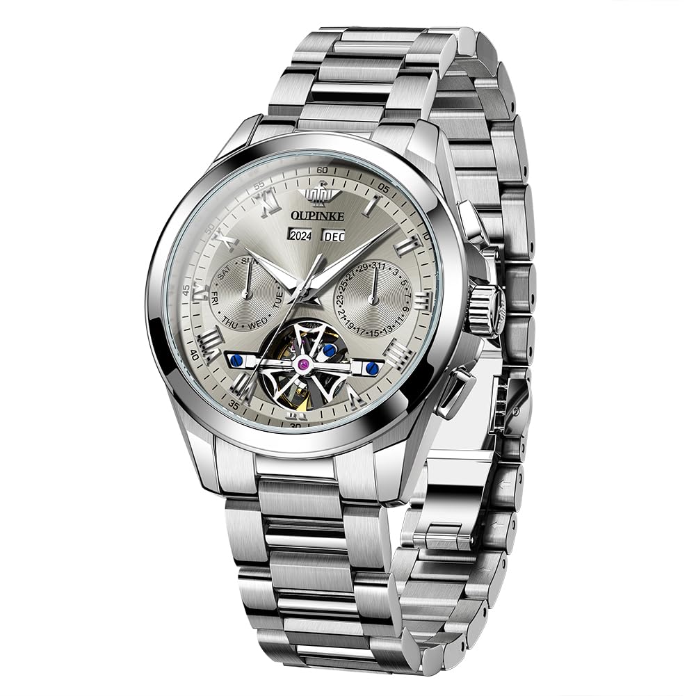 OUPINKE Men Skeleton Watch Automatic Mechanical Luxury Dress Waterproof Tourbillion Sapphire Crystal Wrist Watches for Men