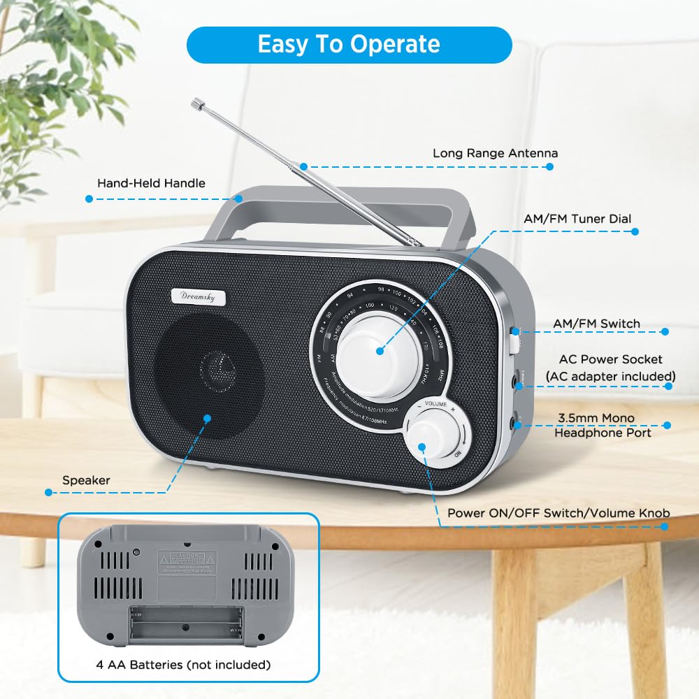DreamSky AM FM Portable Radio Plug In Wall or Battery Operated for Home & Outdoor, Strong Reception & Sound, Large Dial Easy to Use, Transistor Antenna, Headphone Jack, Small Gifts for Seniors Elderly