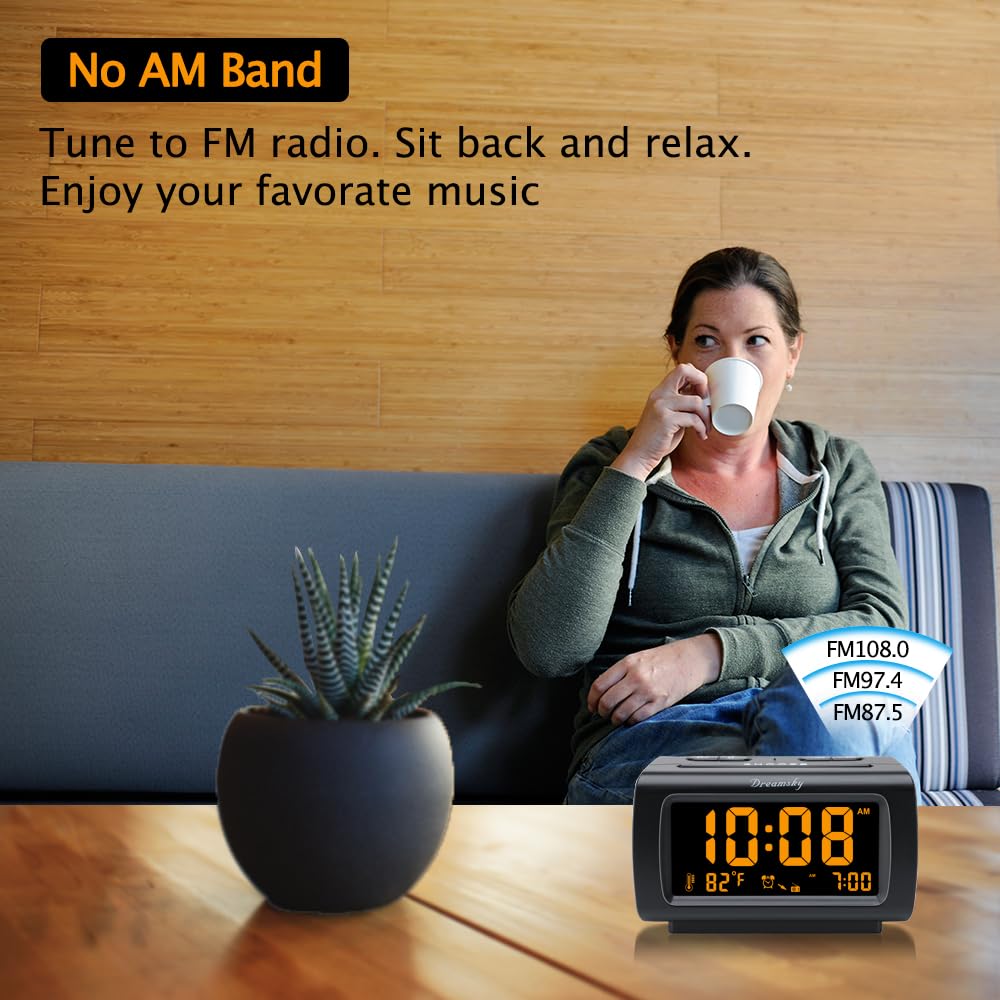 DreamSky Alarm Clock Radios for Bedrooms with Battery Backup, Large Big Numbers with Dimmer Wheel, USB Port, Bedside Digital FM Radio with Sleep Timer, Temperature, Adjustable Volume, Snooze