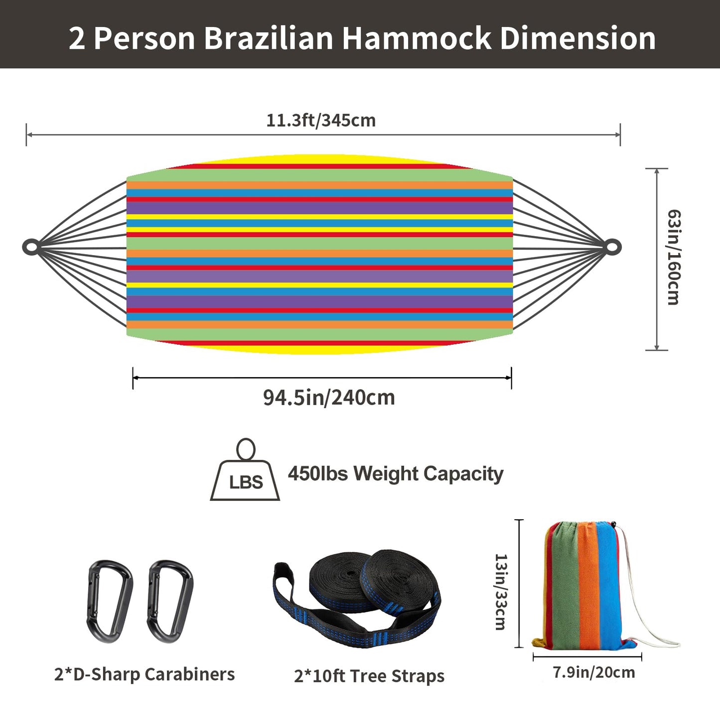 Brazilian Double Hammock with Tree Straps,Extra Large 94x63IN,2 Persons Hammock for Backyard Patio Outdoor Indoor,450lbs Weight Capacity,Soft Woven Cotton Fabric - Natrual White with Tassels