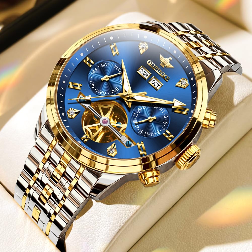 OUPINKE Men Skeleton Watch Automatic Mechanical Luxury Dress Waterproof Tourbillion Sapphire Crystal Wrist Watches for Men