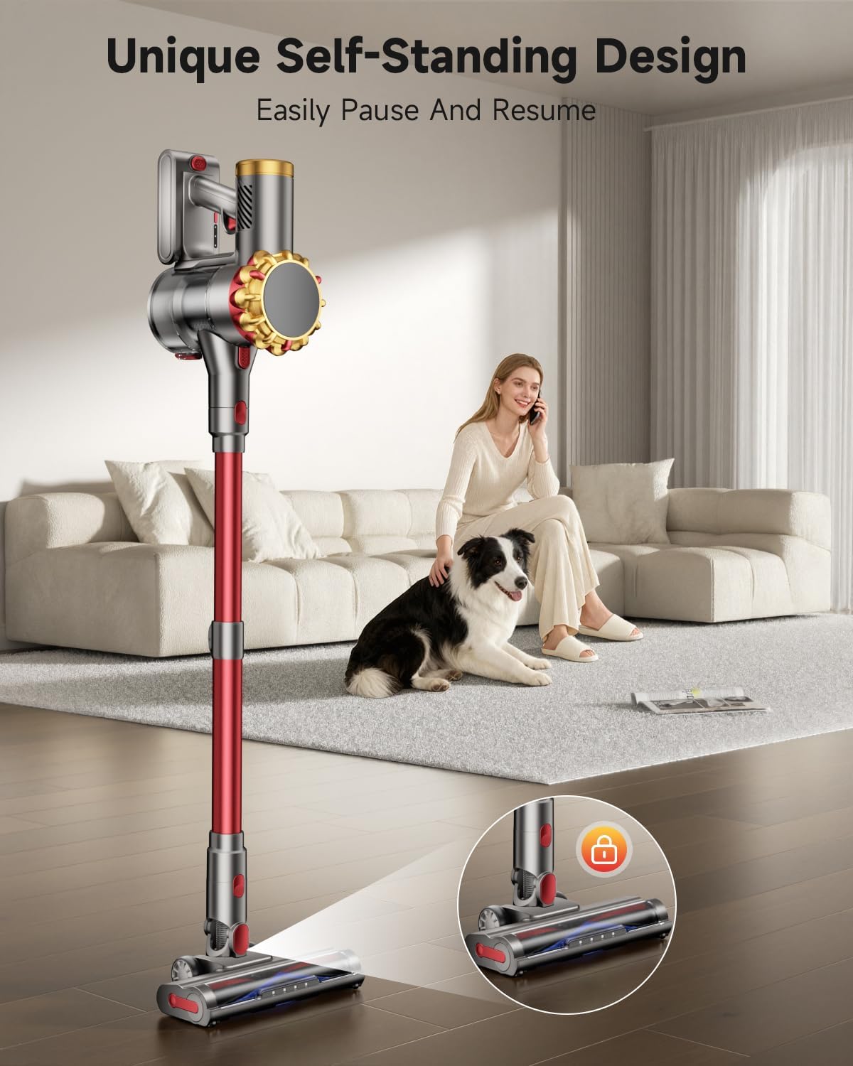 Cordless Vacuum Cleaner 580W 50Kpa Vacuum Cleaners for Home, 65 Mins Battery Stick Vacuum Anti-Tangle, Self-Standing, 8-in-1 Lightweight Vacuum for Hardwood Floor/Carpet/Pet Hair