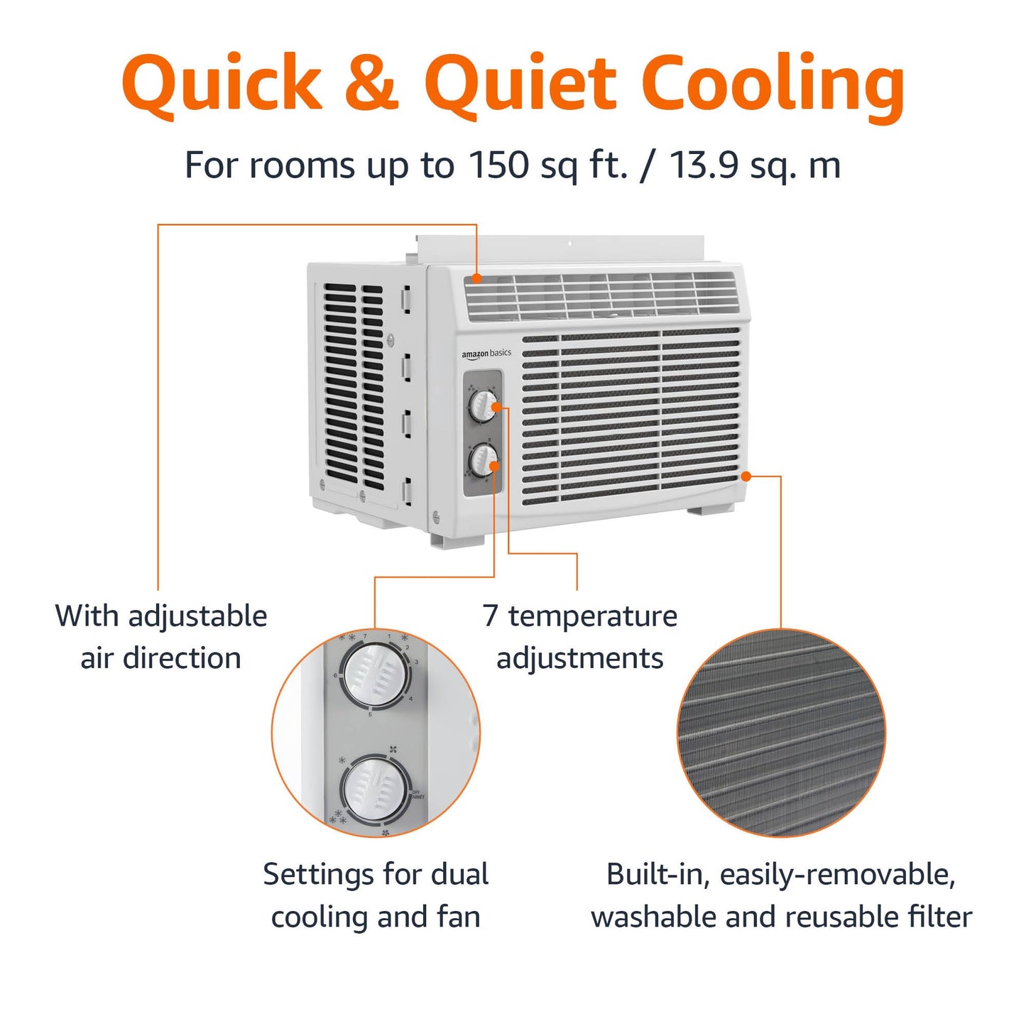 Amazon Basics 5000-BTU Window Air Conditioner with Quiet Operation, Up to 150 Sqf, Cool and Fan Functions, Washable Filter, Adjustable Window Kit, Intuitive Mechanical Controls, for Small Room, White