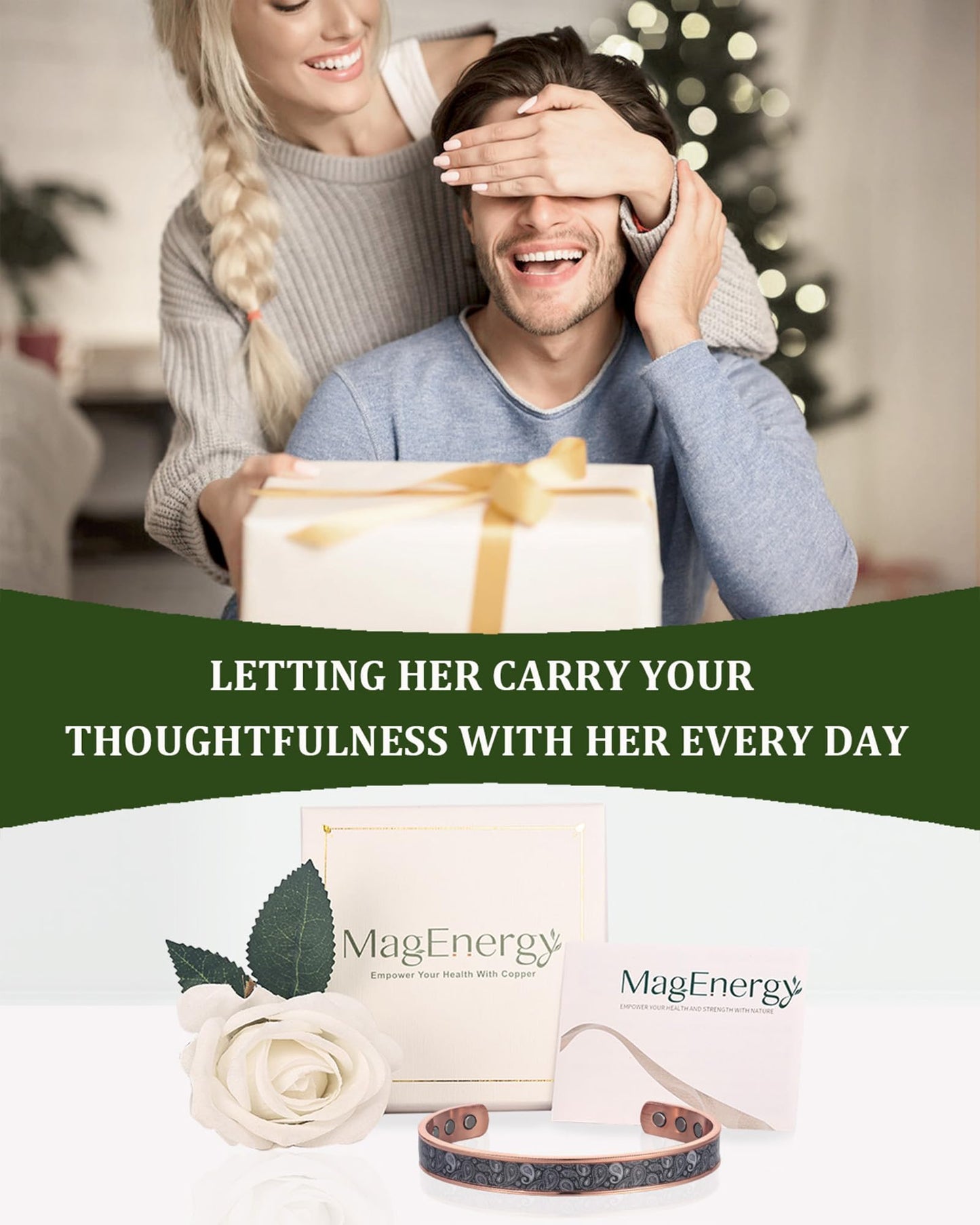 MagEnergy Copper Bracelet for Men and Women, 99.9% Pure Copper Magnetic Bangle with 8pcs 3500 Gauss Magnets, Adjustable Jewelry Gift