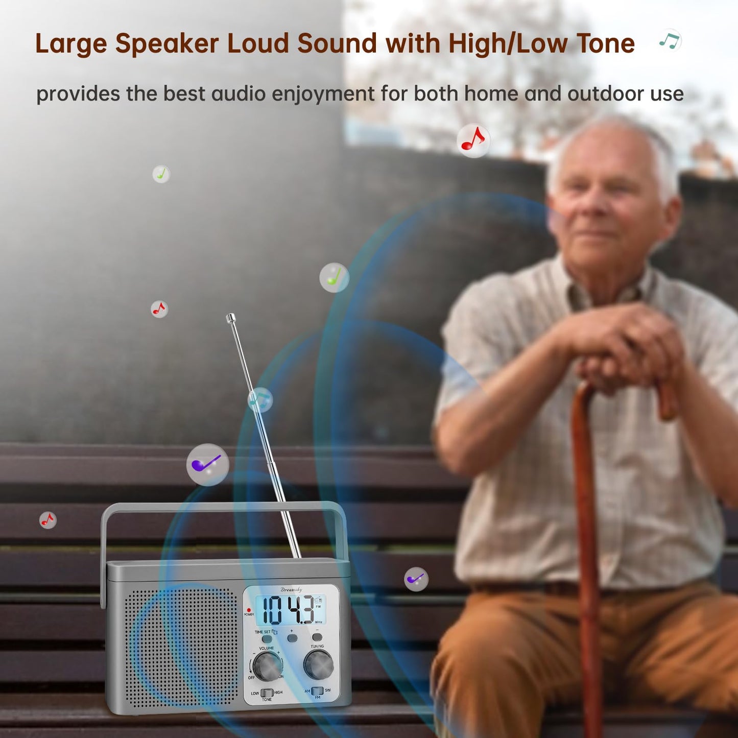 DreamSky AM FM Radio Portable - Shortwave Radio Battery Powered or Plug in Wall for Home Outdoor, Strong Reception, Large Dial Easy to Use, Digital Time Display, Transistor Antenna, Seniors Small Gift