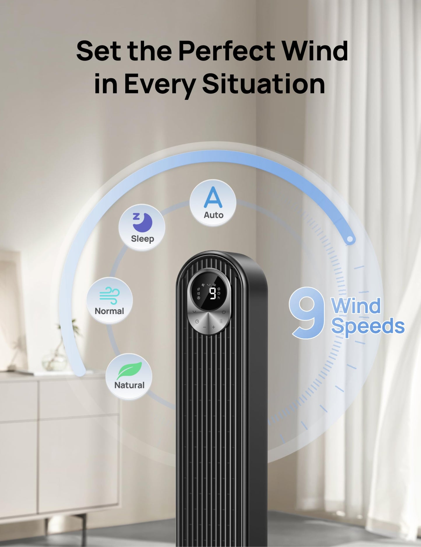DREO Tower Fan for Bedroom, 28 ft/s, 20dB Quiet Oscillating Bladeless Fan with Remote, 9 Speeds, 4 Modes, 12H Timer, LED Display, Standing Floor Fan Powerful for Indoor Home Office Room, 42 Inch
