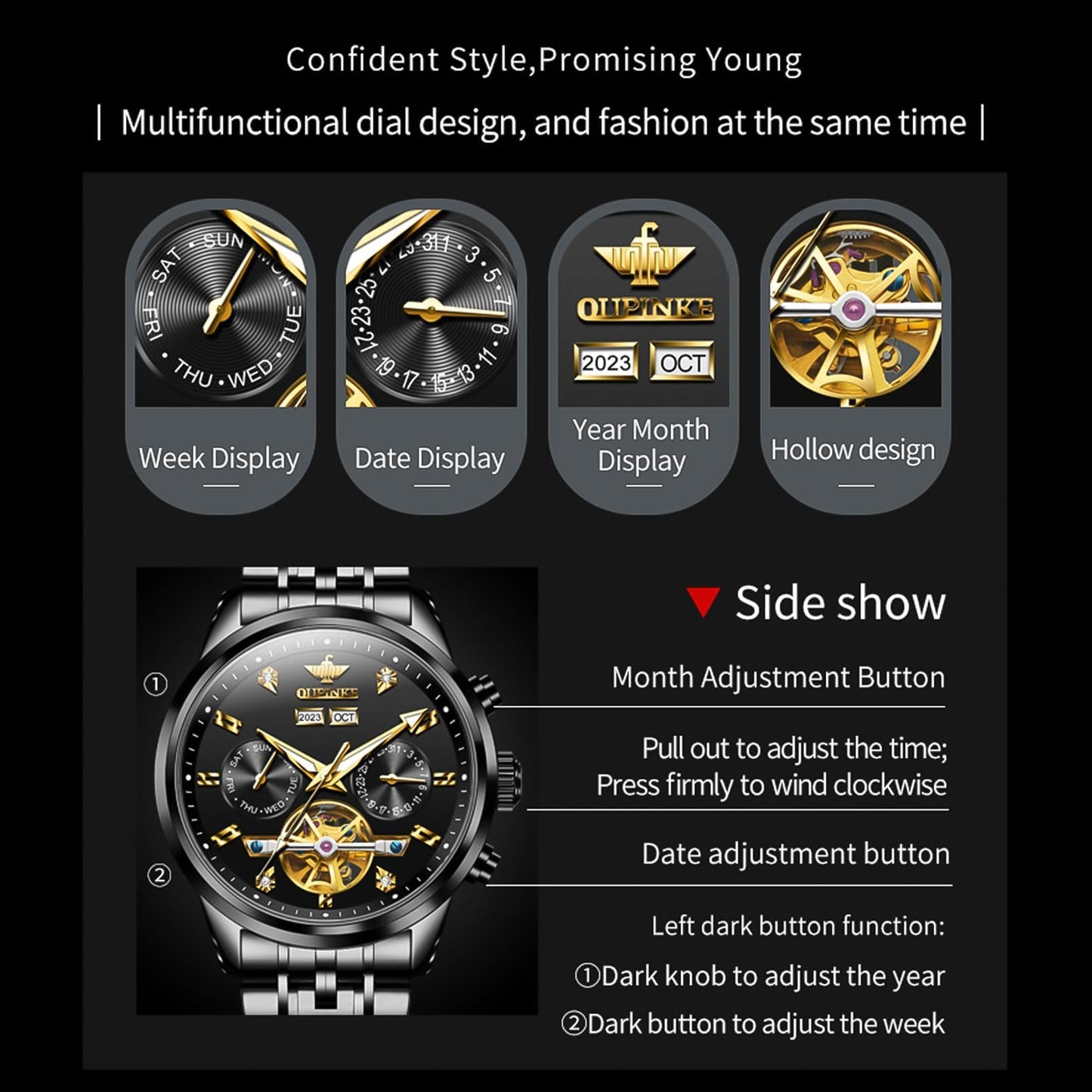OUPINKE Men Skeleton Watch Automatic Mechanical Luxury Dress Waterproof Tourbillion Sapphire Crystal Wrist Watches for Men