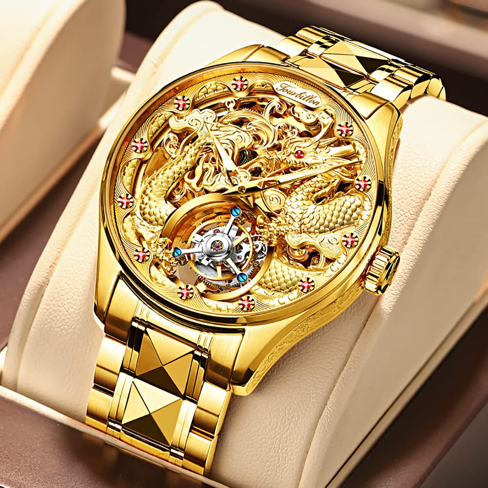OUPINKE Men Skeleton Watch Automatic Mechanical Luxury Dress Waterproof Tourbillion Sapphire Crystal Wrist Watches for Men