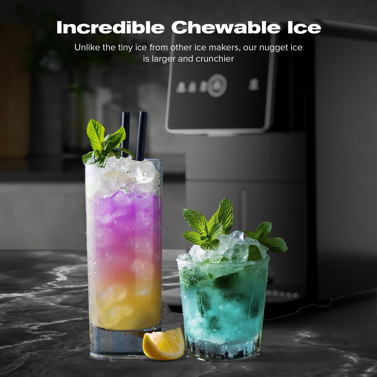 Kismile Countertop Nugget Ice Maker, 33LBS/24H, Soft Chewable Ice, One-Click, One-Touch Automatic Ice Dispensing, Self-Cleaning, 1.8L Removable Water Tank, Ideal for Home/Kitchen/Bar/Office