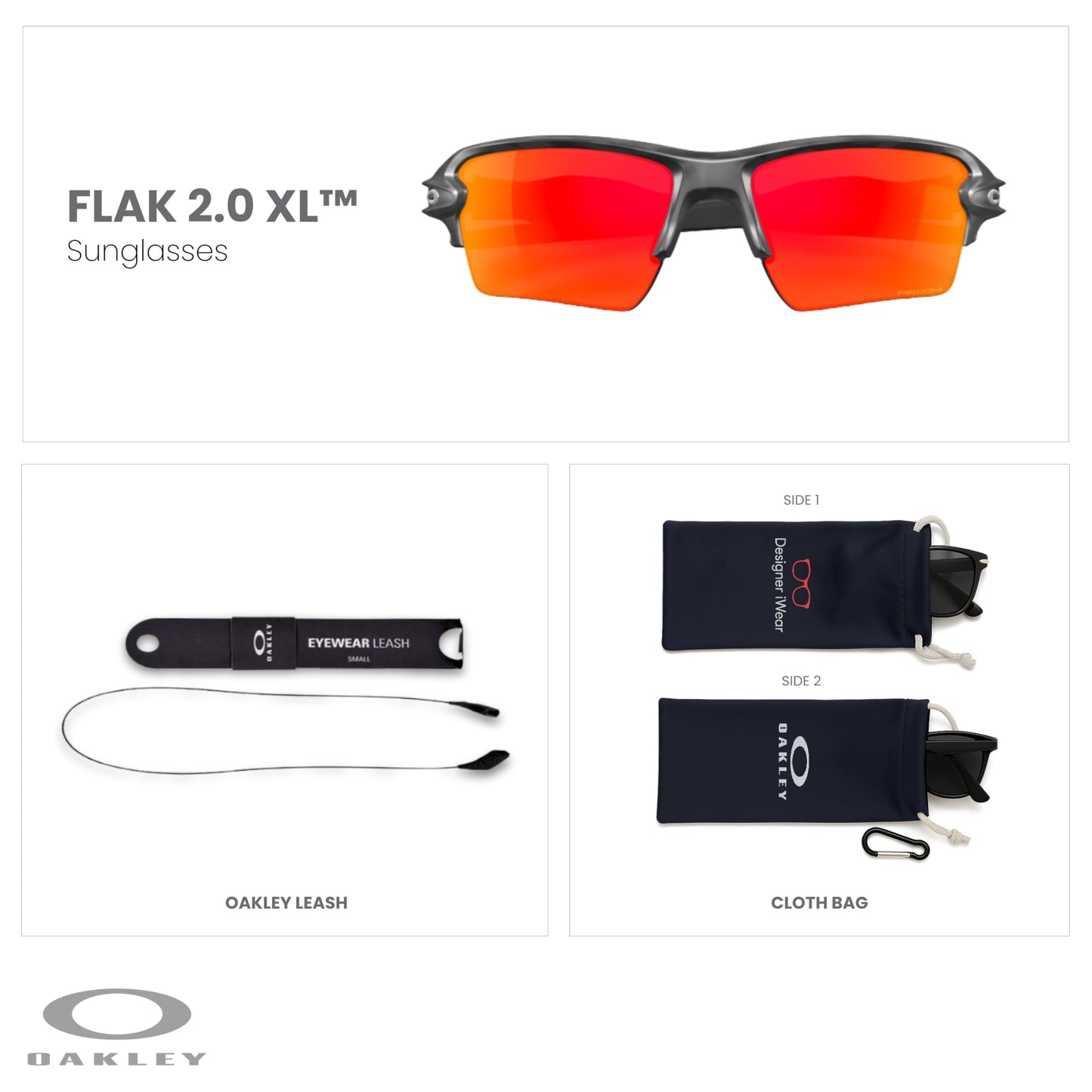 OAKLEY Flak 2.0 XL OO9188 Rectangle Sunglasses For Men+ Bundle Accessory Leash Kit, Microfiber Pouch