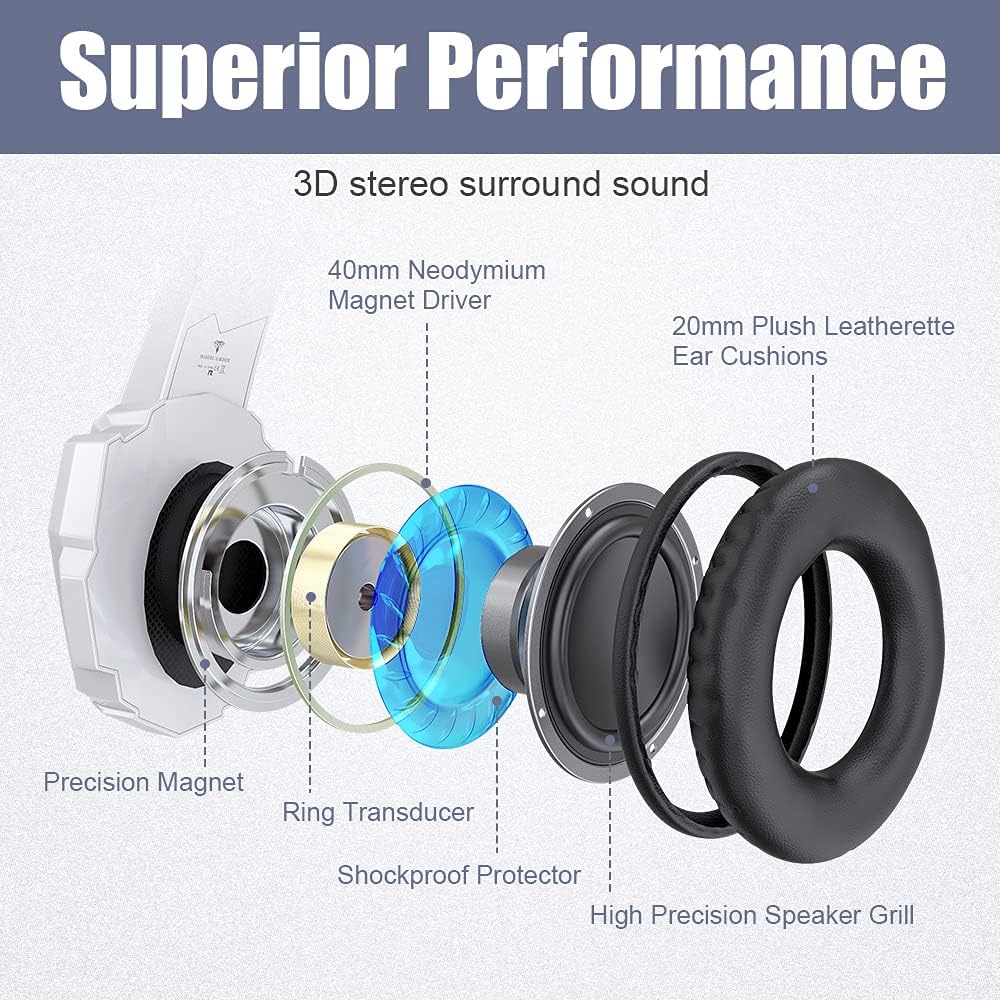 BENGOO G9000 Stereo Gaming Headset for PS4 PC Xbox One PS5 Controller, Noise Cancelling Over Ear Headphones with Mic, LED Light, 7.1 Surround Sound, Soft Memory Earmuffs for Nintendo Xbox Series X|S