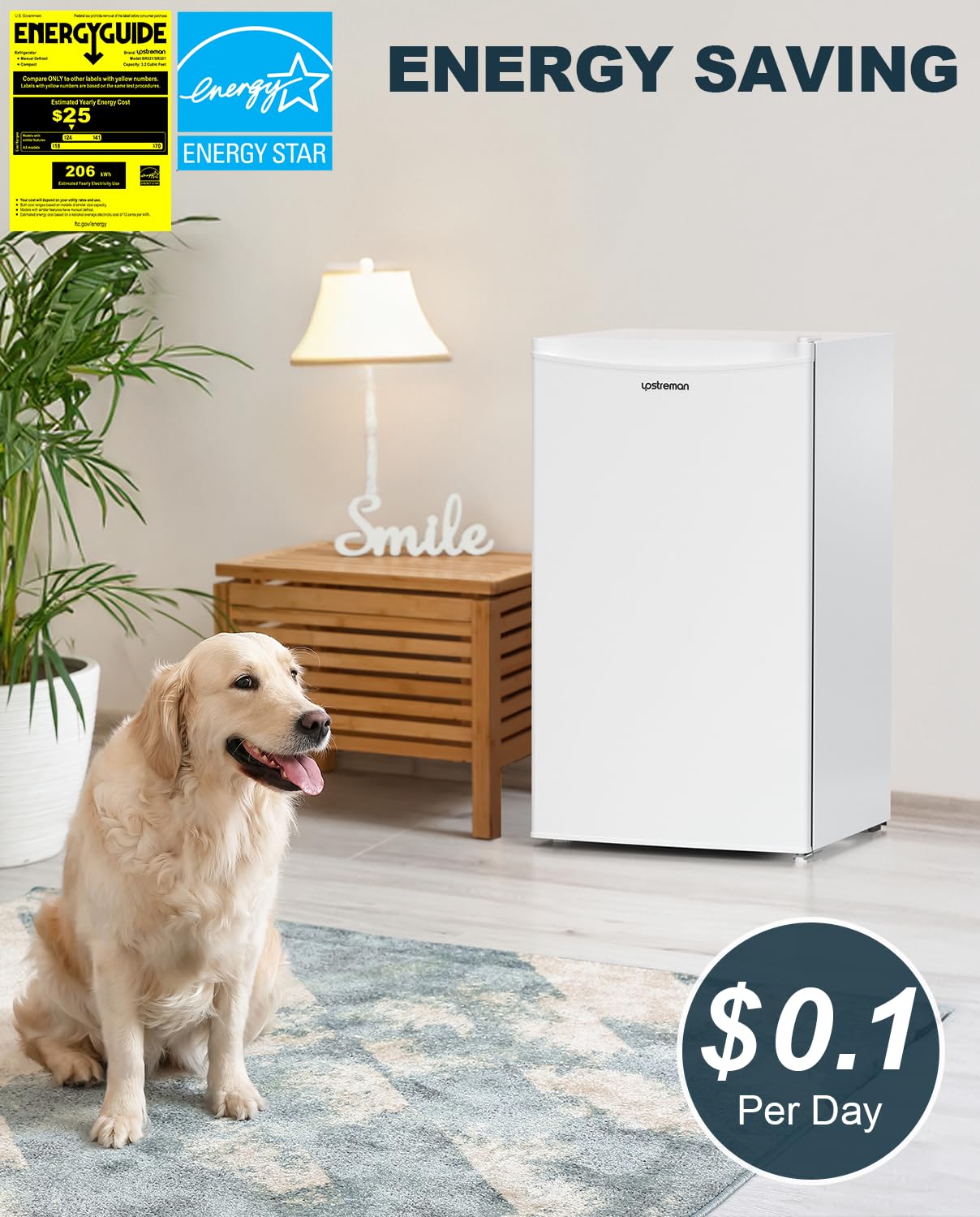 Upstreman 3.2 Cu.Ft Mini Fridge with Freezer, Single Door Mini Fridge, Dorm Fridge, Adjustable Thermostat, Mini Refrigerator for Bedroom, Office, Dorm, Black-BR321