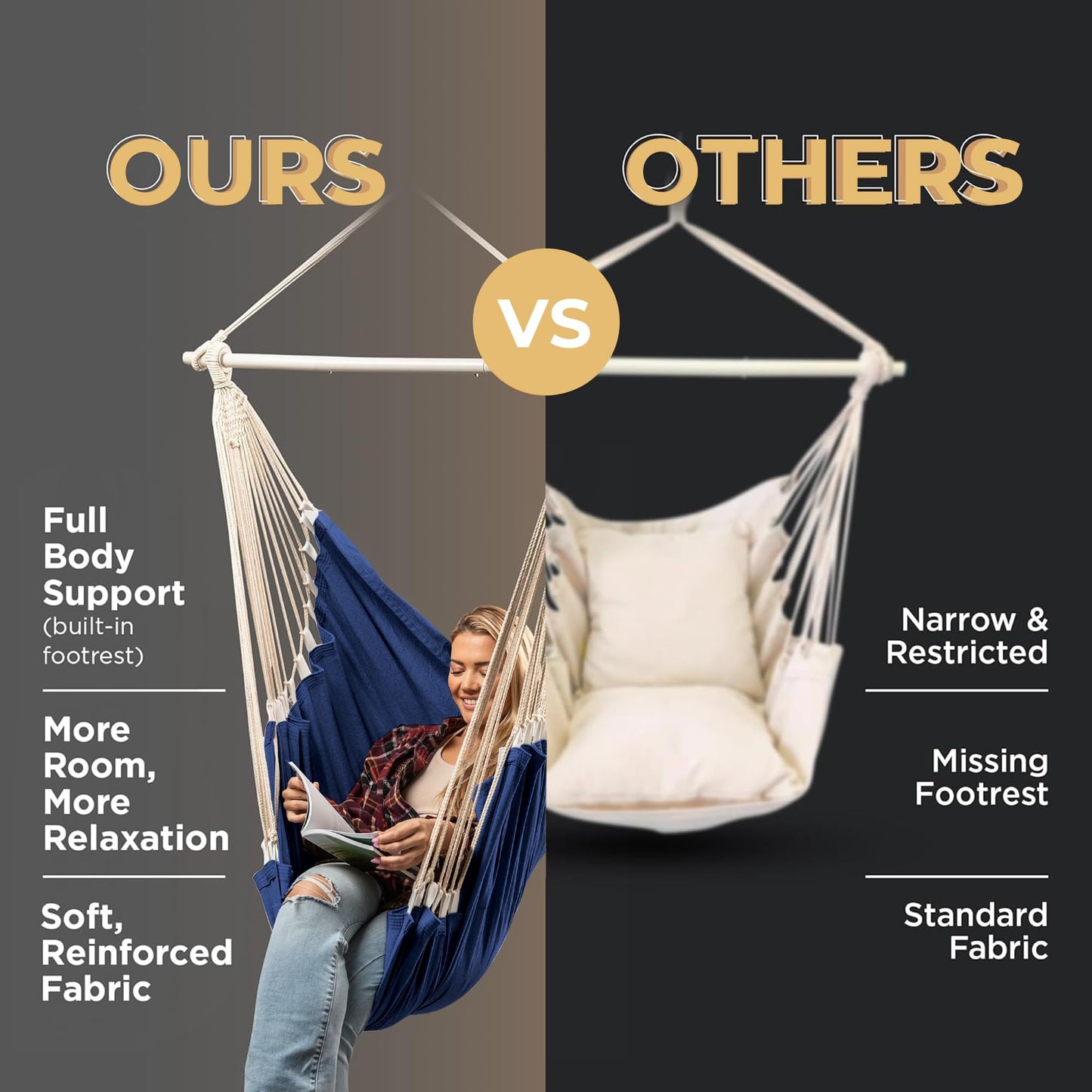 Hanging Hammock Chair Swing – Hanging Chair Outdoor & Indoor - Hammock Swing Chair – Quick & Easy Setup with Hardware Kit – Durable & Spacious Full Body Support – Holds 440 Lbs