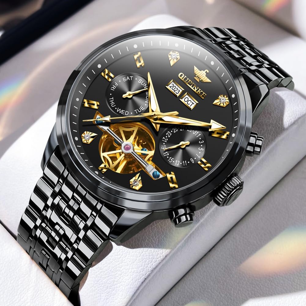 OUPINKE Men Skeleton Watch Automatic Mechanical Luxury Dress Waterproof Tourbillion Sapphire Crystal Wrist Watches for Men