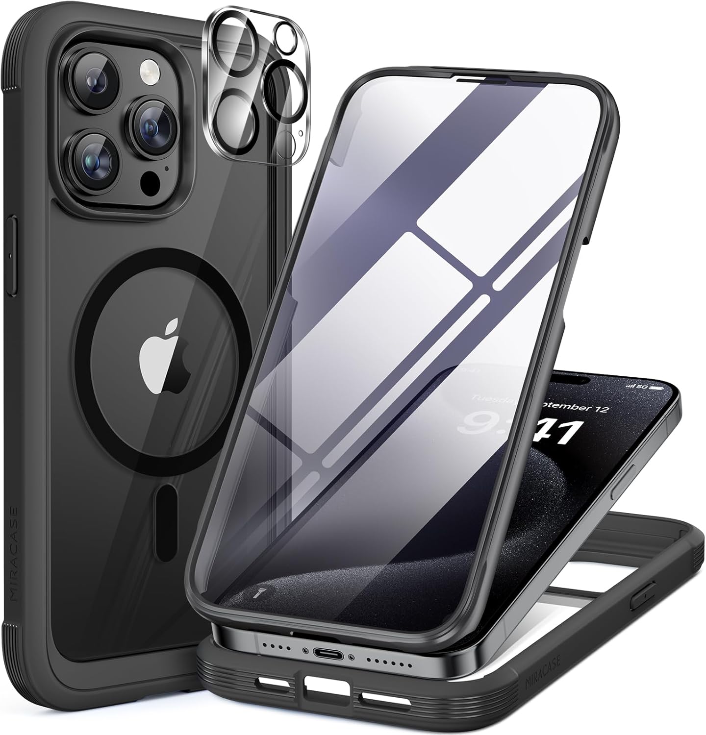 Miracase for iPhone 17e Case& iPhone 16e Case, Full-Body Phone with Built-in Glass Screen Protector, [Magnetic with MagSafe] Military Drop Proof 17 E/ 16 E Cover Bumper 6.1 inch, Black