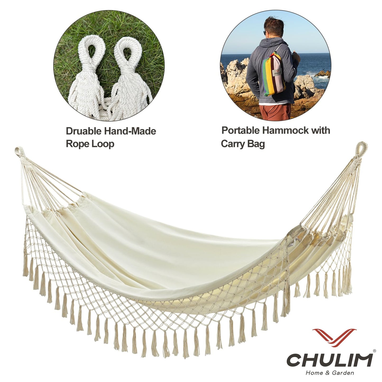 Brazilian Double Hammock with Tree Straps,Extra Large 94x63IN,2 Persons Hammock for Backyard Patio Outdoor Indoor,450lbs Weight Capacity,Soft Woven Cotton Fabric - Natrual White with Tassels