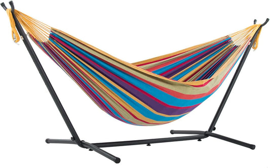Vivere Double Cotton Hammock with Space Saving Steel Stand, Upgraded Polyester End Strings 450 lb Capacity - Premium Carry Bag Included - (Tropical)