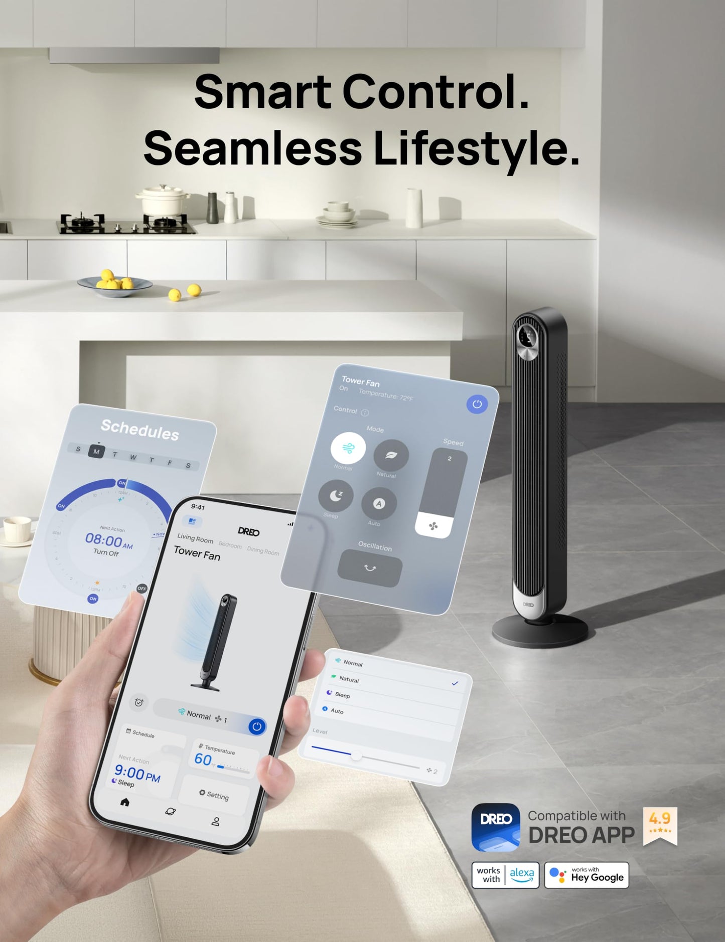 DREO Tower Fan for Bedroom, 28 ft/s, 20dB Quiet Oscillating Bladeless Fan with Remote, 9 Speeds, 4 Modes, 12H Timer, LED Display, Standing Floor Fan Powerful for Indoor Home Office Room, 42 Inch