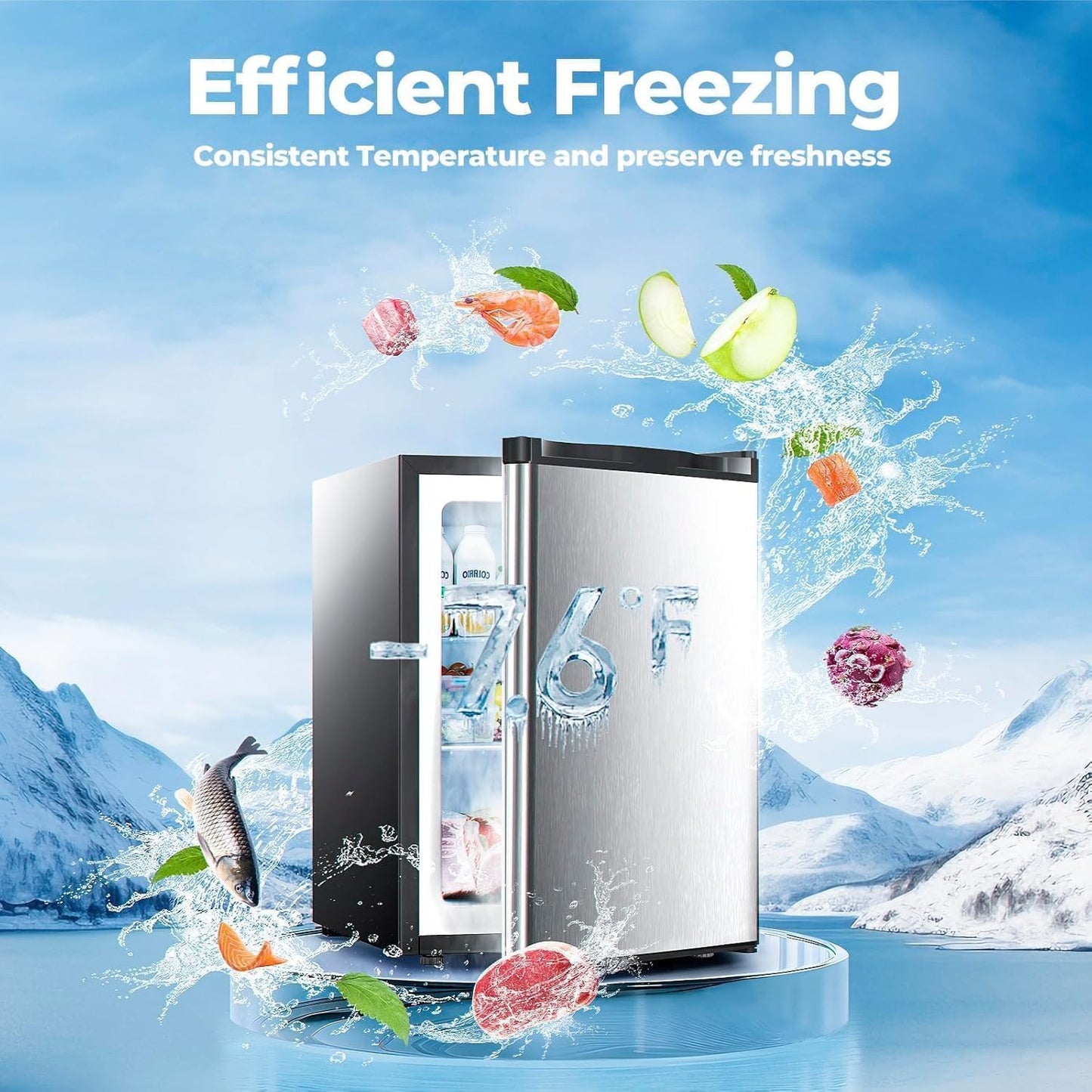 1.1 Cu.ft Upright Freezer, Small Mini Freezer with Adjustable Thermostat, Removable Shelves, Reversible Single Door, for Bedroom/Home/Dorms/Apartment, Silver