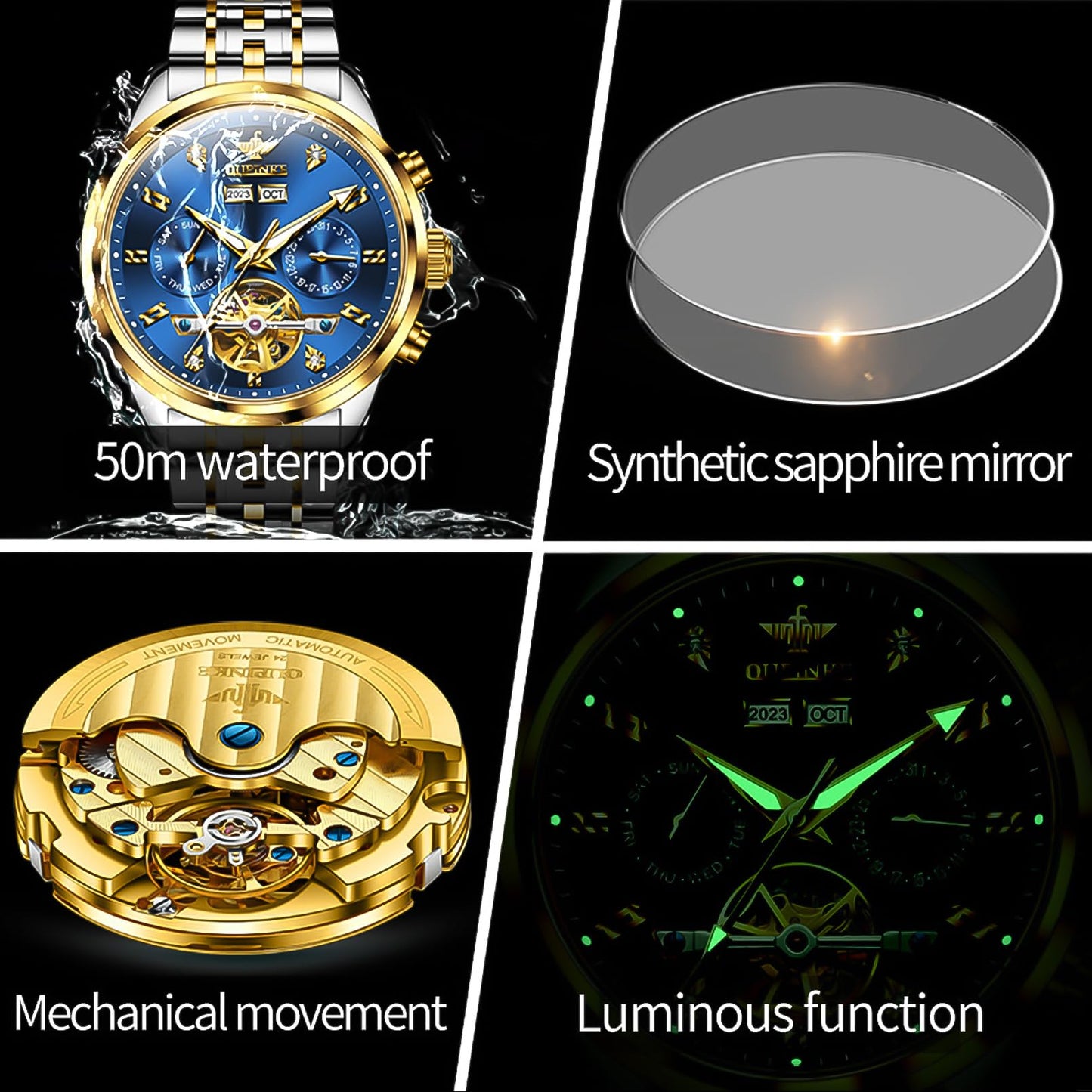 OUPINKE Men Skeleton Watch Automatic Mechanical Luxury Dress Waterproof Tourbillion Sapphire Crystal Wrist Watches for Men