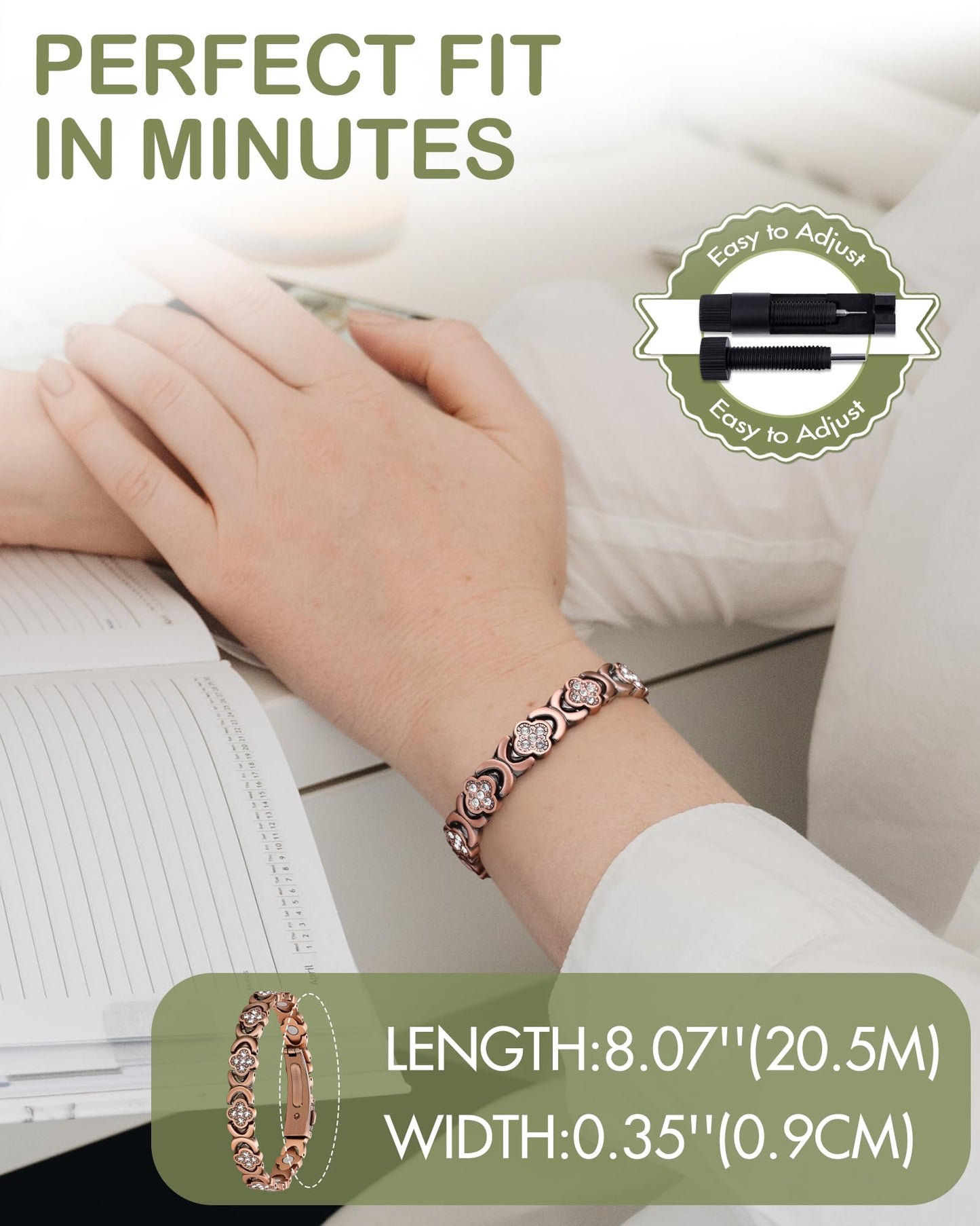 Feraco Pure Copper Bracelets for Women, Ultra Strength Magnetic Therapy Bracelet for Pain Relief with Neodymium Magnets & Sparkling Cubic Zirconia, Adjustable, Infinite Clover Jewelry