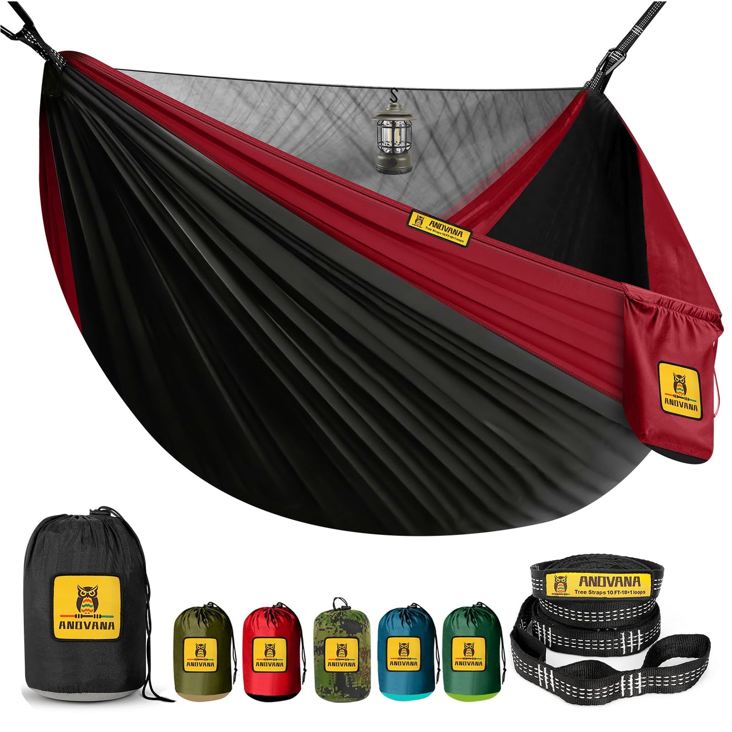 Camping Hammock with Mosquito Net, 600 lbs Portable Hammock with Tree Straps, 2-in-1 Double/Single Travel Hammock Tent for Outside/Indoor/Backpacking/Beach - Black & Grey