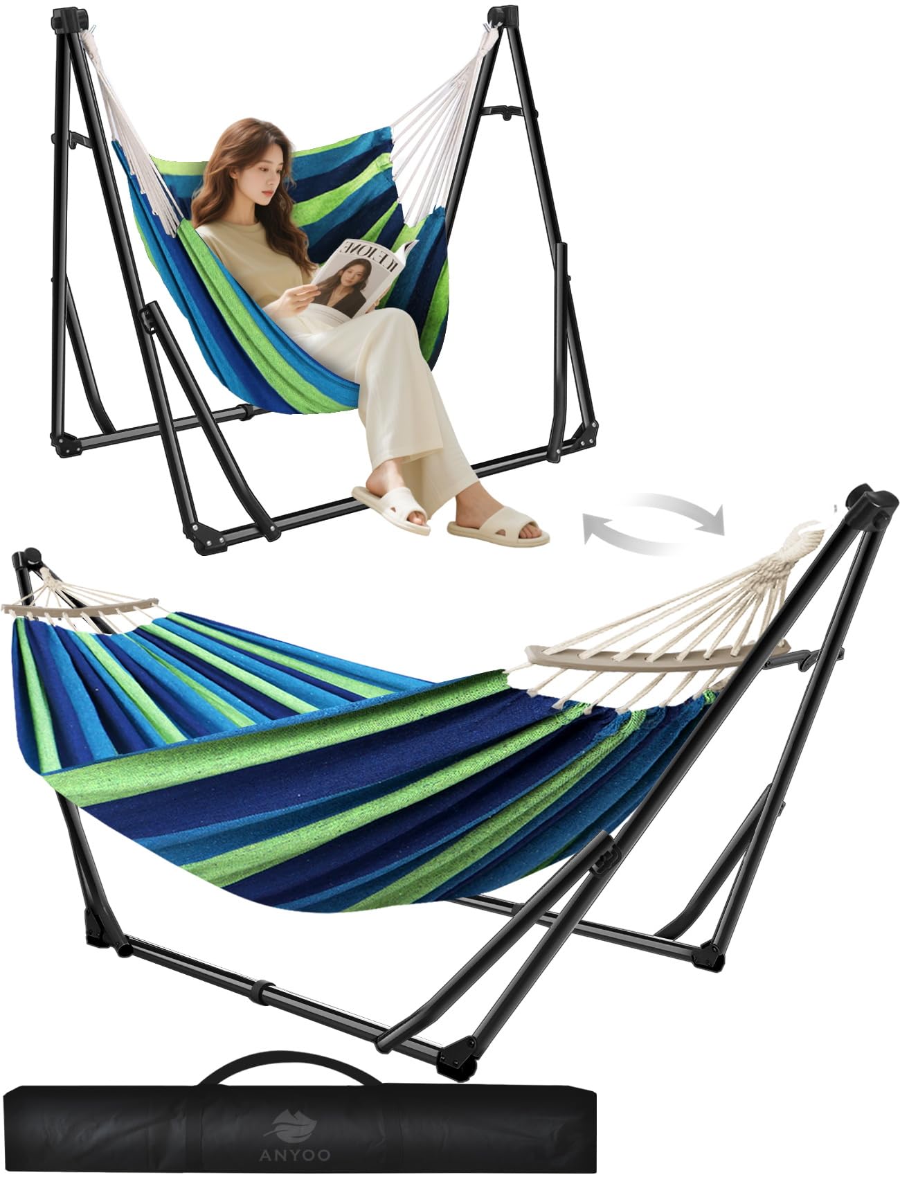 Anyoo 2 in 1 Hammock and Swinging Chair with Collapsible Steel Stand & Carrying Case,Portable & Adjustable,Easy Set Up for Outdoor,Indoor,Porch Swing,Patio,Garden,Camping Trip