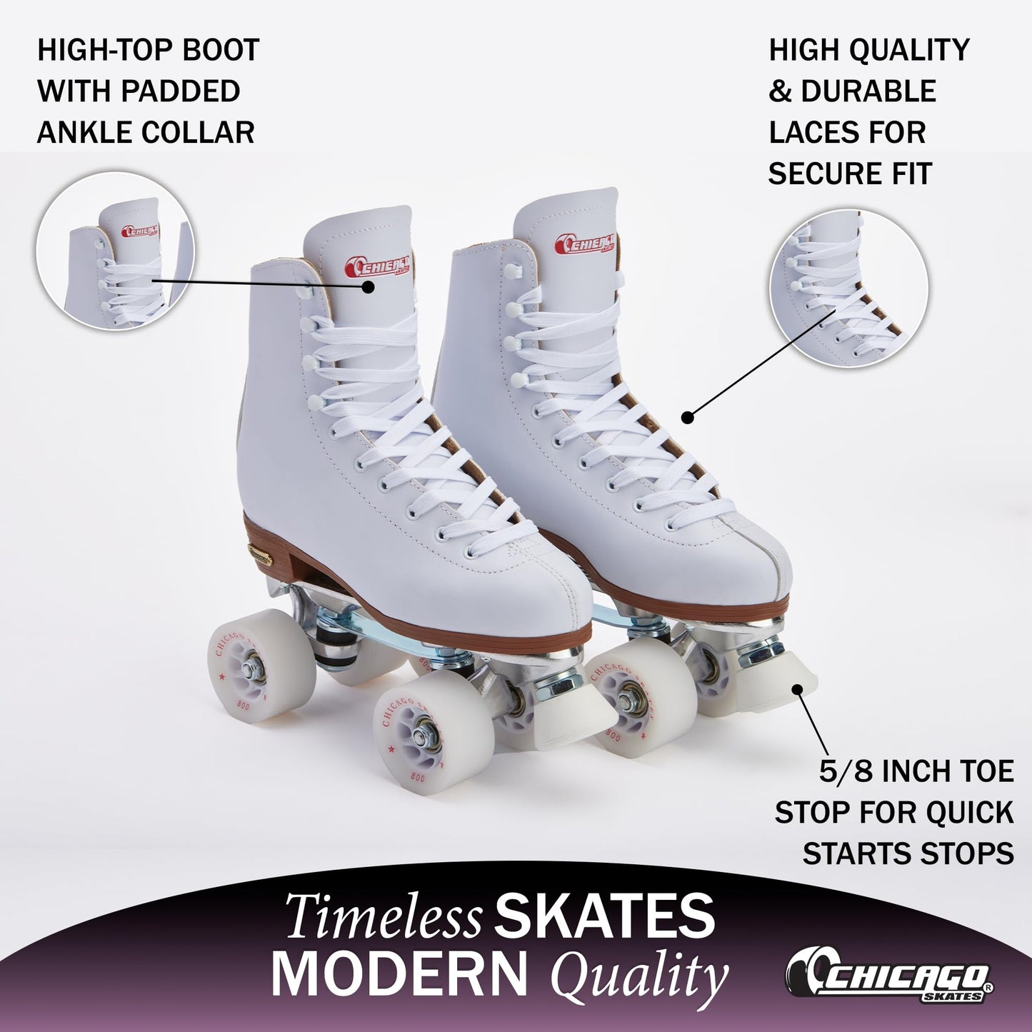 Chicago Quad Roller Skates for Women & Men – Durable, Top Performance Indoor/Outdoor Use or Roller Derby - Classic Deluxe Leather High-Top Boots with 60mm Urethane Wheels & Semi-Precision Bearings