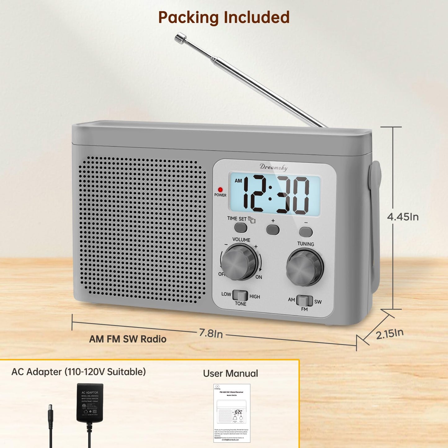 DreamSky AM FM Radio Portable - Shortwave Radio Battery Powered or Plug in Wall for Home Outdoor, Strong Reception, Large Dial Easy to Use, Digital Time Display, Transistor Antenna, Seniors Small Gift
