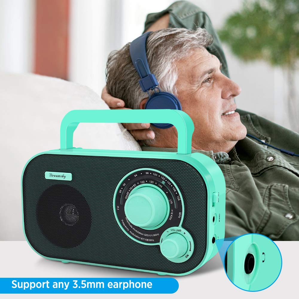 DreamSky AM FM Portable Radio Plug In Wall or Battery Operated for Home & Outdoor, Strong Reception & Sound, Large Dial Easy to Use, Transistor Antenna, Headphone Jack, Small Gifts for Seniors Elderly