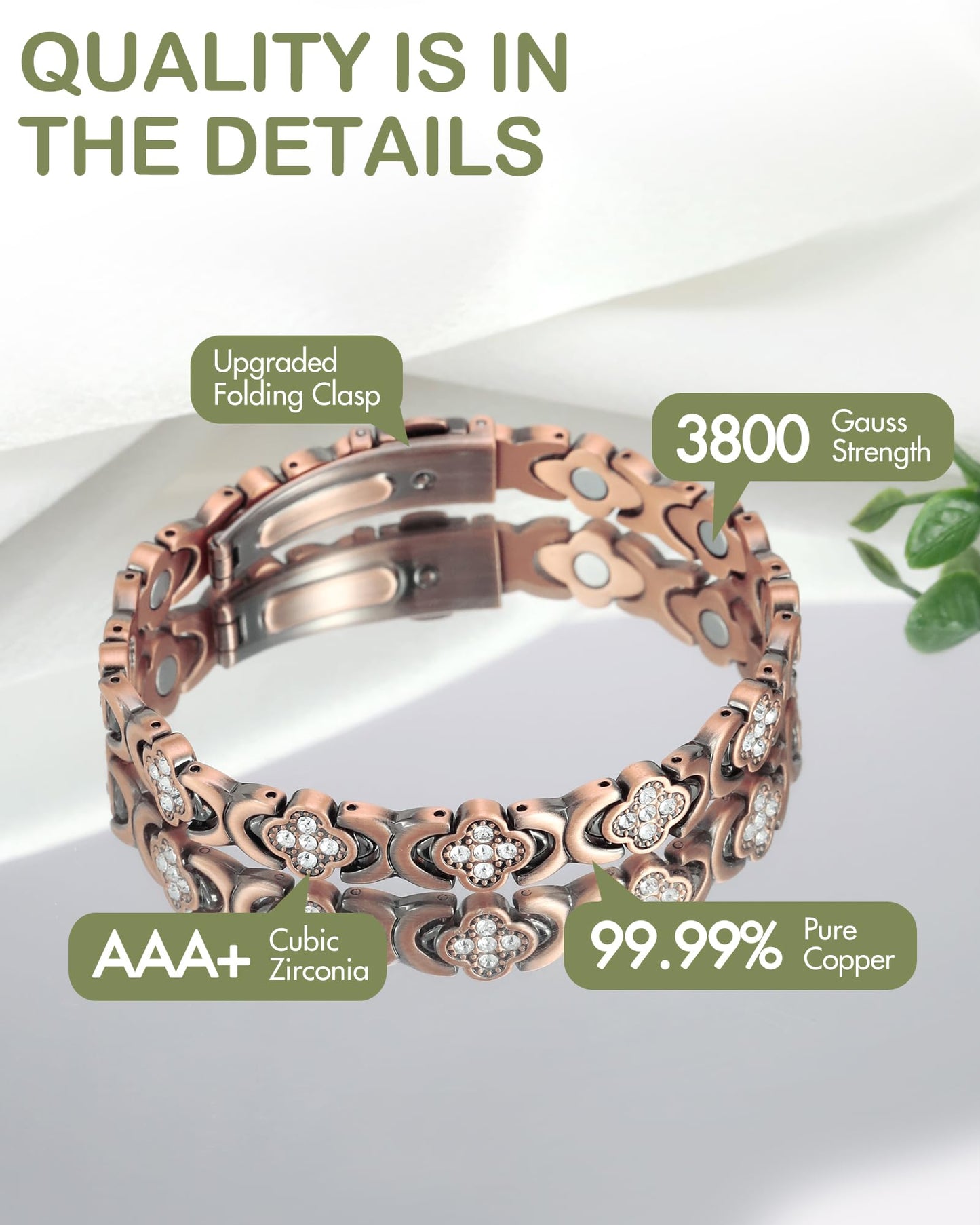 Feraco Pure Copper Bracelets for Women, Ultra Strength Magnetic Therapy Bracelet for Pain Relief with Neodymium Magnets & Sparkling Cubic Zirconia, Adjustable, Infinite Clover Jewelry