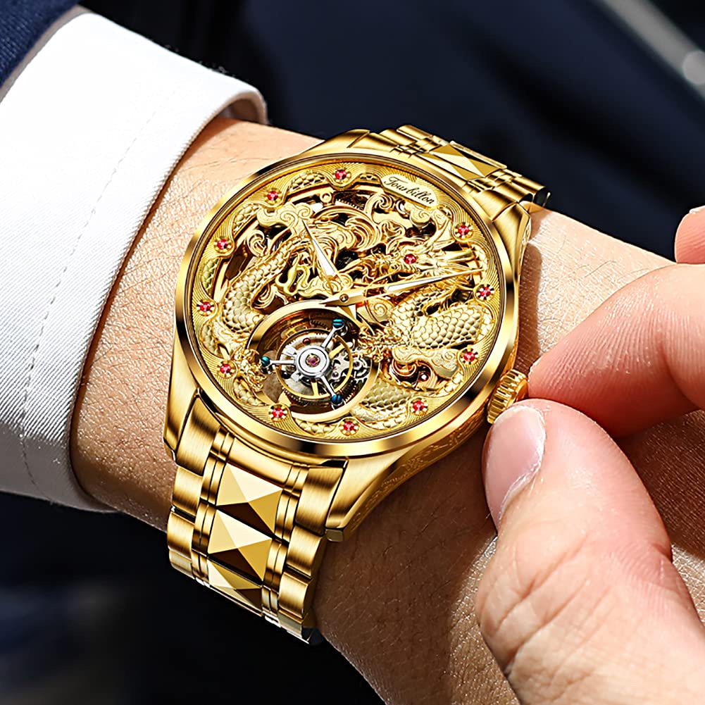 OUPINKE Men Skeleton Watch Automatic Mechanical Luxury Dress Waterproof Tourbillion Sapphire Crystal Wrist Watches for Men