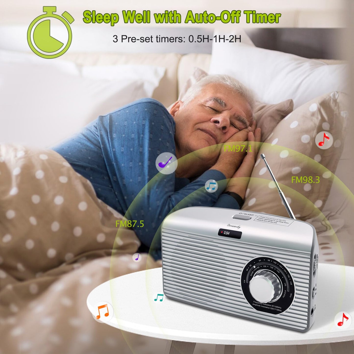 DreamSky AM FM Portable Radio Plug In Wall or Battery Operated for Home & Outdoor, Strong Reception & Sound, Large Dial Easy to Use, Transistor Antenna, Headphone Jack, Small Gifts for Seniors Elderly