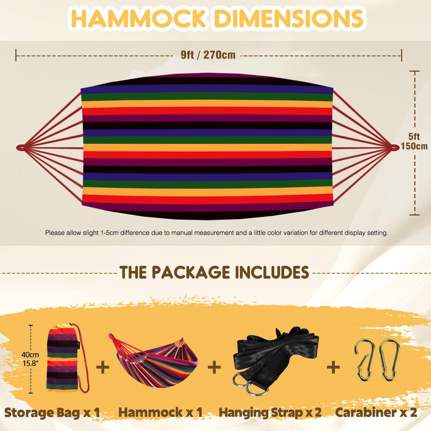 ANYOO Cotton Hammock Portable Camping Hammocks for Hanging Sturdy Garden Comfortable Fabric Hammock with Tree Straps Up to 660lbs with Travel Bag for Camping Outdoor/Indoor Patio Backyard
