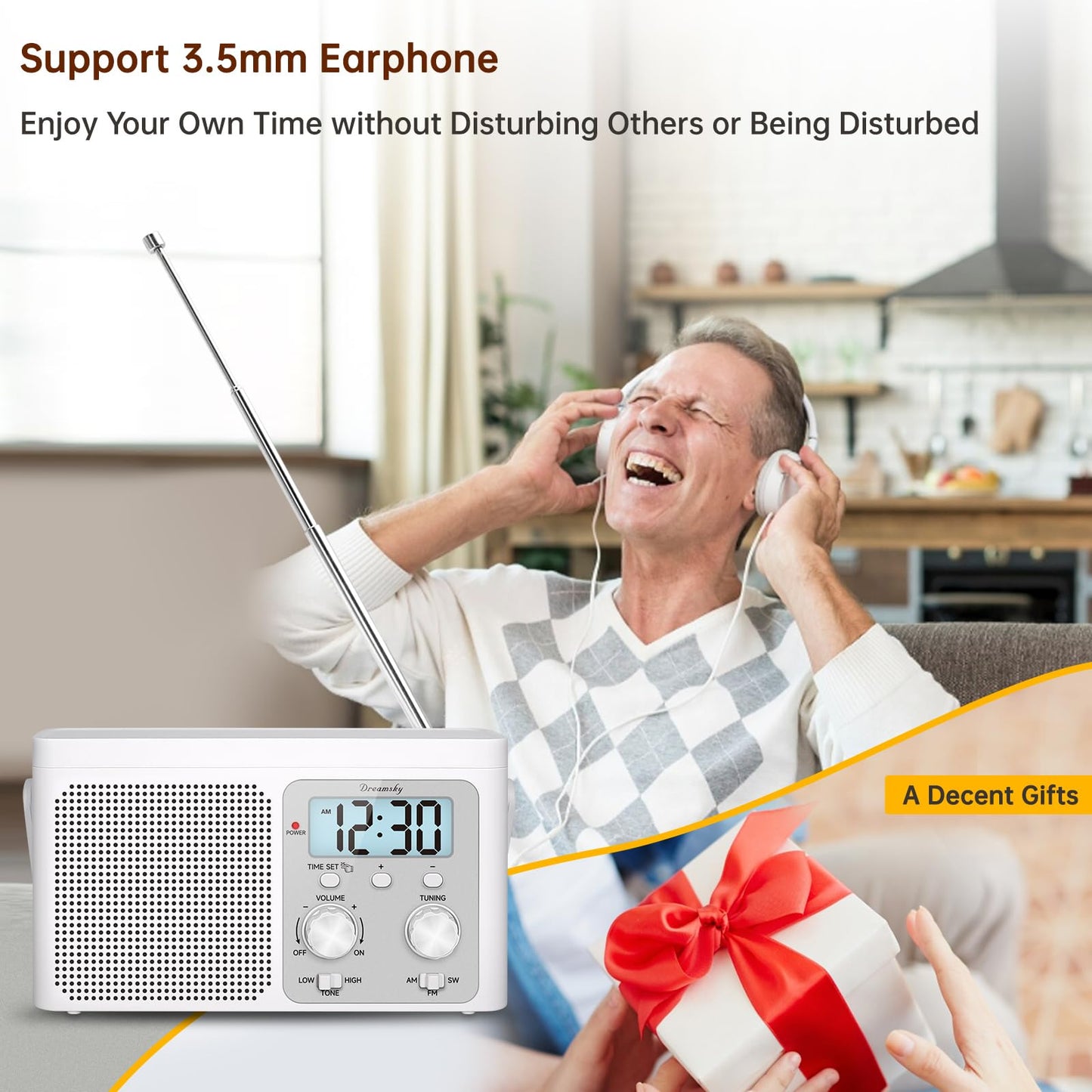 DreamSky AM FM Radio Portable - Shortwave Radio Battery Powered or Plug in Wall for Home Outdoor, Strong Reception, Large Dial Easy to Use, Digital Time Display, Transistor Antenna, Seniors Small Gift