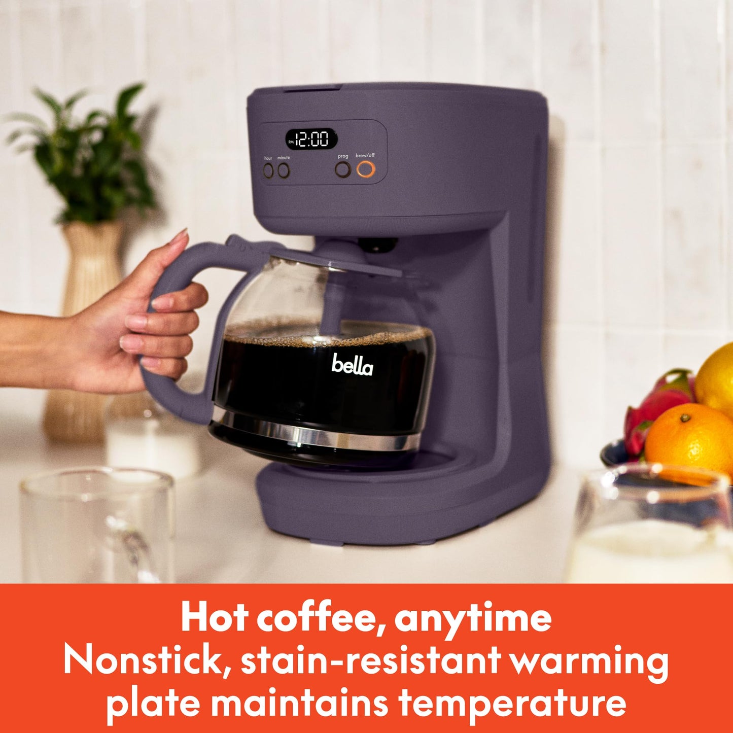 BELLA 12 Cup Programmable Coffee Marker, Reusable Dishwasher Safe Accessories, Easy LCD diaply, Auto Shutoff, 900 watt, Oatmilk