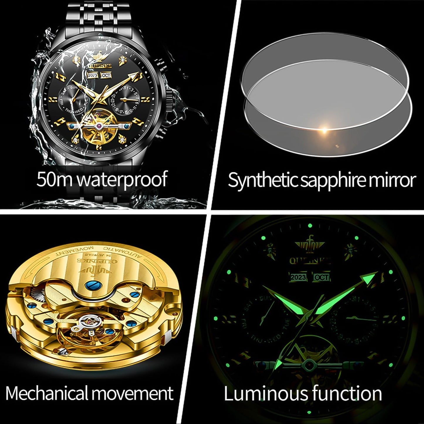OUPINKE Men Skeleton Watch Automatic Mechanical Luxury Dress Waterproof Tourbillion Sapphire Crystal Wrist Watches for Men
