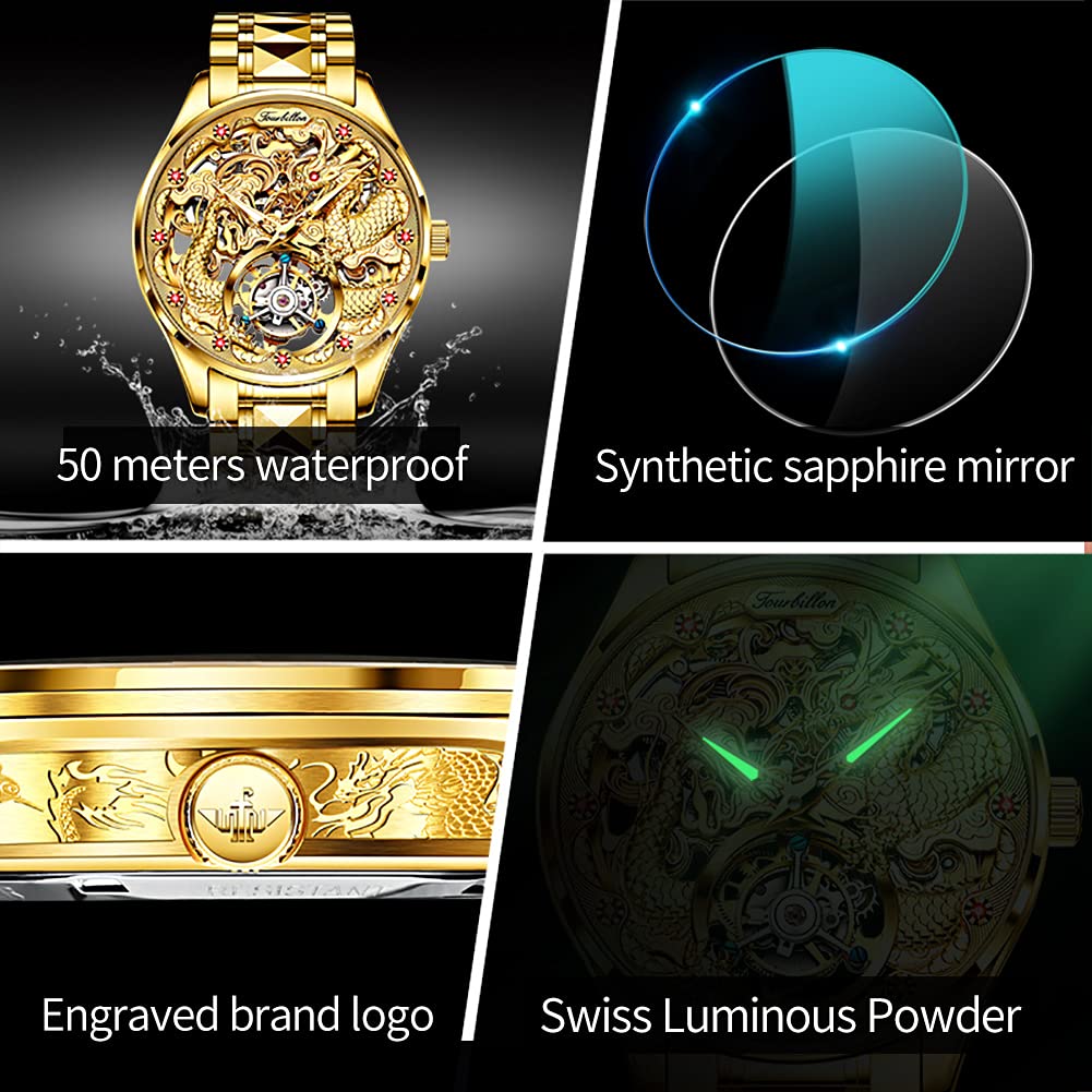 OUPINKE Men Skeleton Watch Automatic Mechanical Luxury Dress Waterproof Tourbillion Sapphire Crystal Wrist Watches for Men