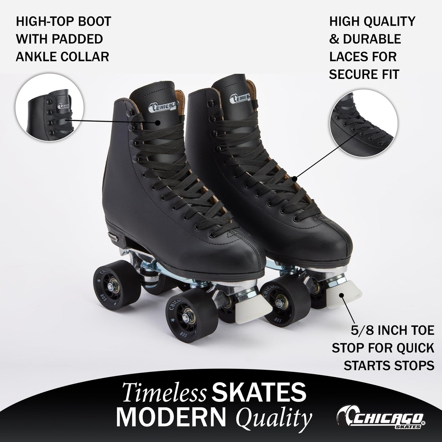 Chicago Quad Roller Skates for Women & Men – Durable, Top Performance Indoor/Outdoor Use or Roller Derby - Classic Deluxe Leather High-Top Boots with 60mm Urethane Wheels & Semi-Precision Bearings