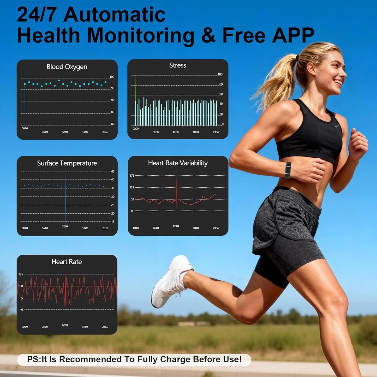 Smart Bracelet Fitness Trackers for Men Women, Smart Watch 24/7 Heart Rate Sleep Stress HRV Monitor, 170+ Sports Modes, 2 Bands, Free APP Black