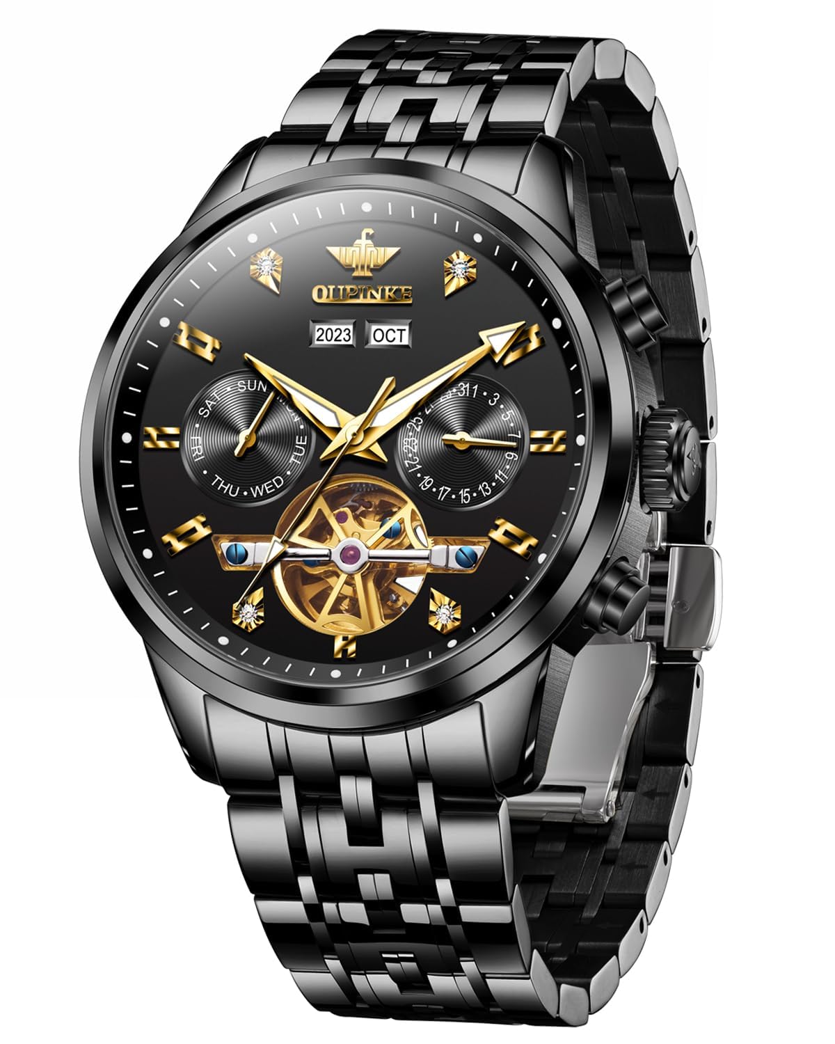 OUPINKE Men Skeleton Watch Automatic Mechanical Luxury Dress Waterproof Tourbillion Sapphire Crystal Wrist Watches for Men