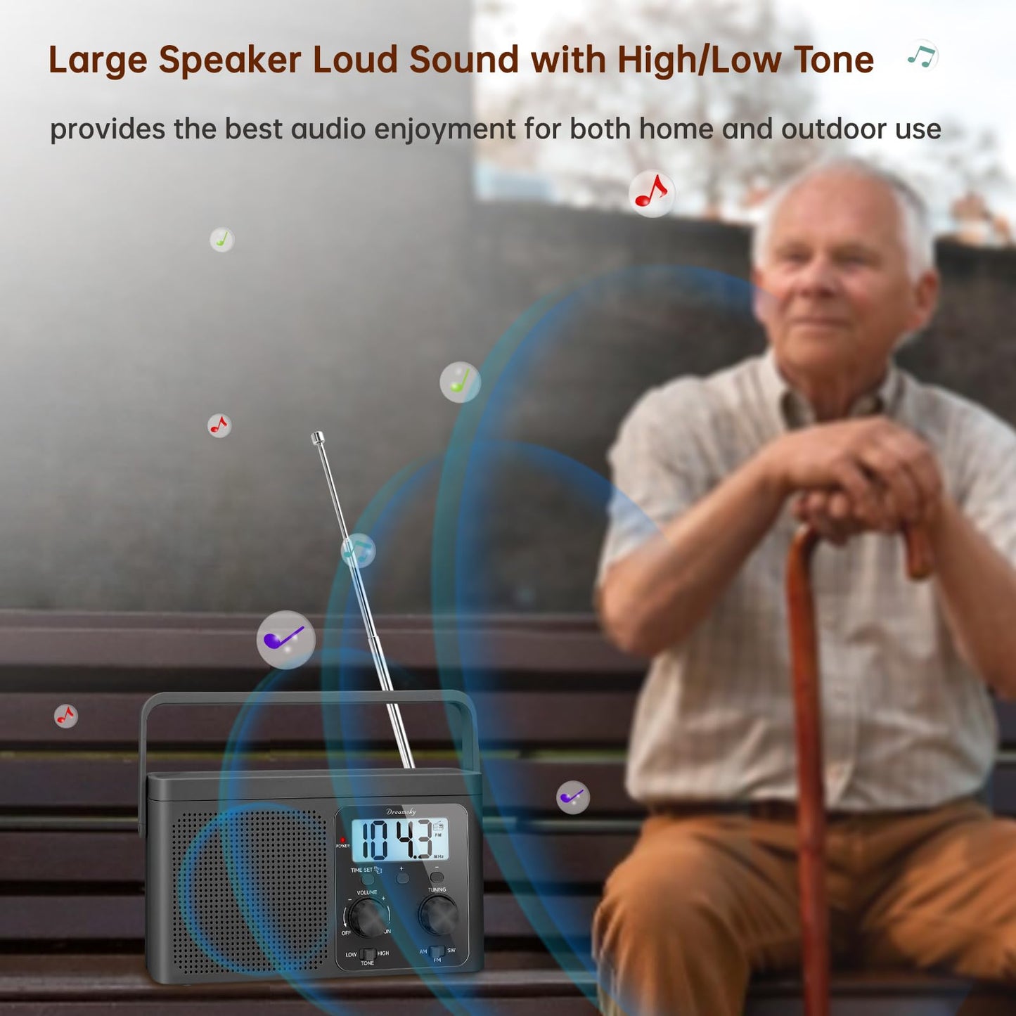 DreamSky AM FM Radio Portable - Shortwave Radio Battery Powered or Plug in Wall for Home Outdoor, Strong Reception, Large Dial Easy to Use, Digital Time Display, Transistor Antenna, Seniors Small Gift